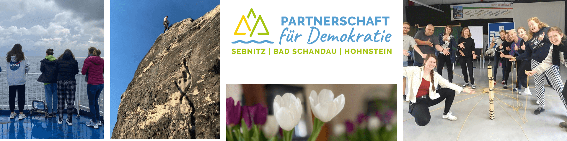 KI generiert: Das Bild ist ein Collage aus mehreren Fotos, die verschiedene Aktivitäten und Szenen zeigen, darunter eine Gruppe von Menschen, die eine Aussicht genießen, eine Person beim Klettern, Blumen im Vordergrund und eine Gruppe von Menschen in einem Innenraum. Der Hauptinhalt des Bildes ist die Werbung für die "Partnerschaft für Demokratie" in Sebnitz, Bad Schandau und Hohnstein.