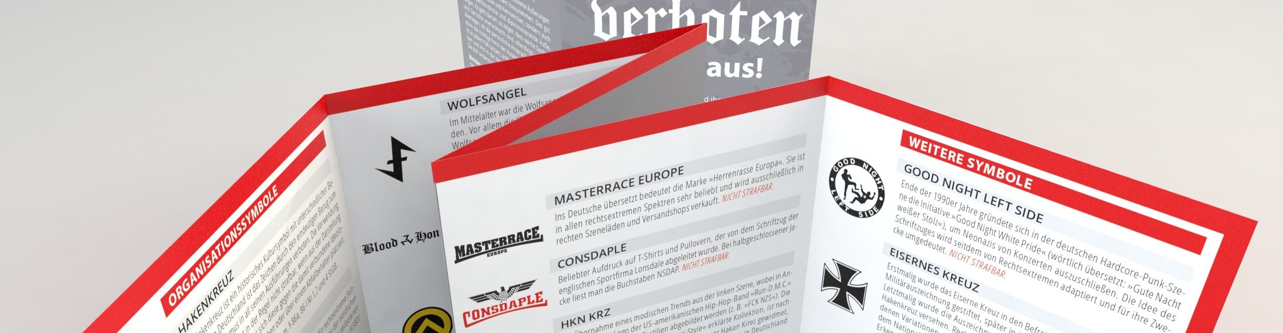 KI generiert: Das Bild zeigt ein aufgeschlagenes Informationsheft über verbotene Symbole und deren Bedeutungen. Hauptinhalt ist die Aufklärung über verschiedene rechtsextreme Symbole, um das Bewusstsein für deren Nutzung und Verbreitung zu schärfen.