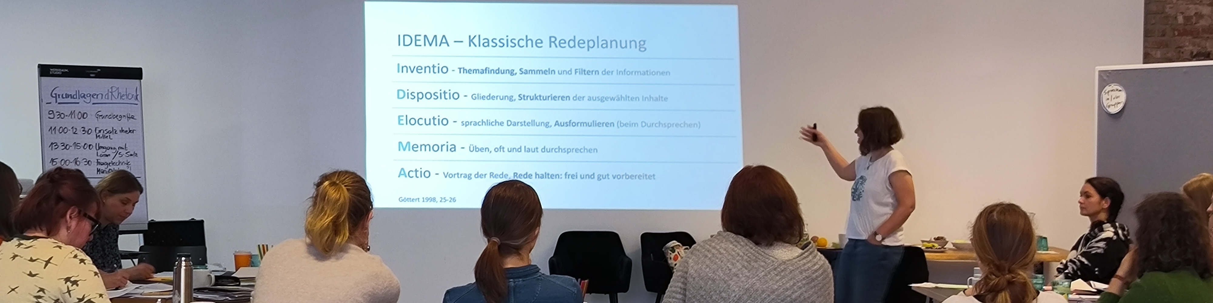KI generiert: Das Bild zeigt eine Person, die vor einer Gruppe von Zuhörern steht und eine Präsentation hält. Der Hauptinhalt der Präsentation auf der Leinwand ist die klassische Redeplanung nach der IDEMA-Methode, die die Schritte Inventio, Dispositio, Elocutio, Memoria und Actio umfasst.