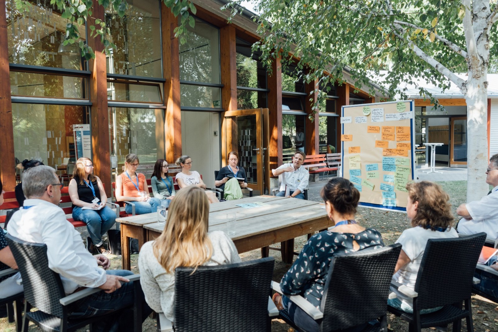 KI generiert: Das Bild zeigt eine Gruppe von Menschen, die im Freien an einem großen Holztisch sitzen und sich in einer Besprechung oder einem Workshop befinden. Im Hintergrund sind ein Gebäude mit großen Fenstern und ein Whiteboard mit Notizen zu sehen.