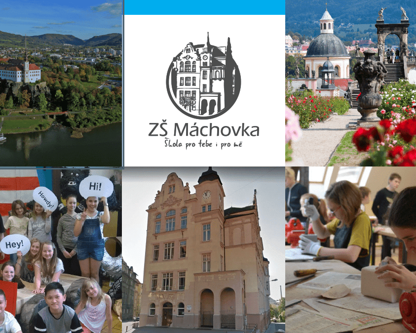 KI generiert: Das Bild zeigt eine Collage mit einer malerischen Stadtlandschaft, einem Logo der "ZŠ Máchovka" (eine Grundschule) und einem Bild eines historischen Gebäudes mit einem Garten. Der Hauptinhalt ist die Präsentation der Schule und ihrer Umgebung.