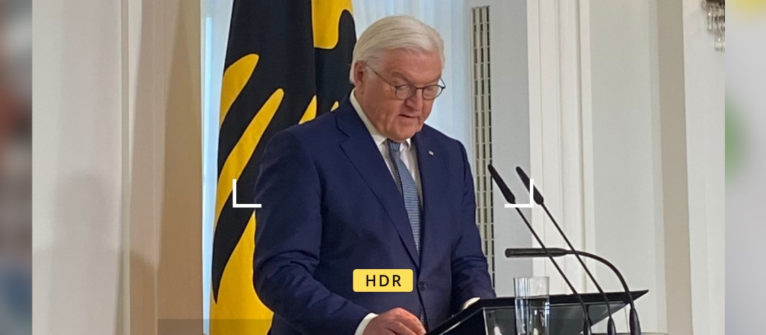 KI generiert: Das Bild zeigt einen Mann in einem dunklen Anzug, der an einem Pult steht und eine Rede hält. Im Hintergrund ist eine Flagge mit einem schwarzen Adler auf gelbem Grund zu sehen.