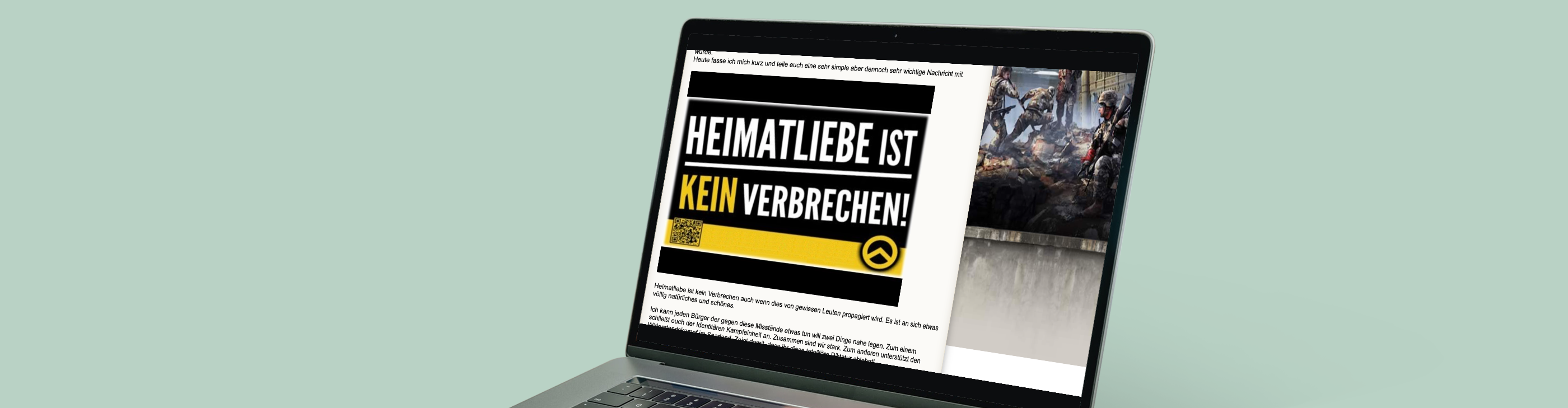 KI generiert: Das Bild zeigt einen Laptop-Bildschirm mit einer Webseite, auf der in großer Schrift der Slogan "HEIMATLIEBE IST KEIN VERBRECHEN!" zu lesen ist. Die Seite enthält zudem ein Bild und weiteren Text, der teilweise sichtbar ist.