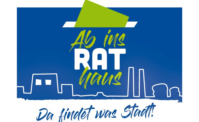 KI generiert: Das Bild zeigt ein Logo mit dem Text "Ab ins RATHaus - Da findet was Stadt!" vor einem blauen Hintergrund mit einer stilisierten Stadtsilhouette. Der Hauptinhalt des Bildes ist die Werbung für eine Veranstaltung oder einen Ort, der mit dem Rathaus in Verbindung steht.
