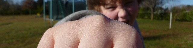 KI generiert: Das Bild zeigt eine Nahaufnahme eines ausgestreckten Arms mit einer Hand, die eine Geste macht, die wie ein "Okay"-Zeichen aussieht. Im Hintergrund ist eine verschwommene Person in einem Freizeitbereich mit Bäumen und einem Spielgerüst zu sehen.