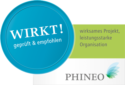 KI generiert: Das Bild zeigt eine Auszeichnung oder ein Siegel mit der Aufschrift "WIRKT! geprüft & empfohlen," das von Phineo vergeben wird. Es weist auf ein wirksames Projekt oder eine leistungsstarke Organisation hin.