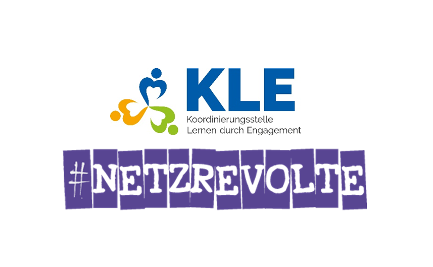 KI generiert: Das Bild zeigt das Logo der Koordinierungsstelle "Lernen durch Engagement" (KLE) mit einem farbenfrohen Symbol und dem Text "#NETZREVOLTE" in violett-weißen Buchstaben. Der Hauptinhalt des Bildes ist die Darstellung der Marke und des Hashtags, die auf eine Initiative oder Kampagne hinweisen.