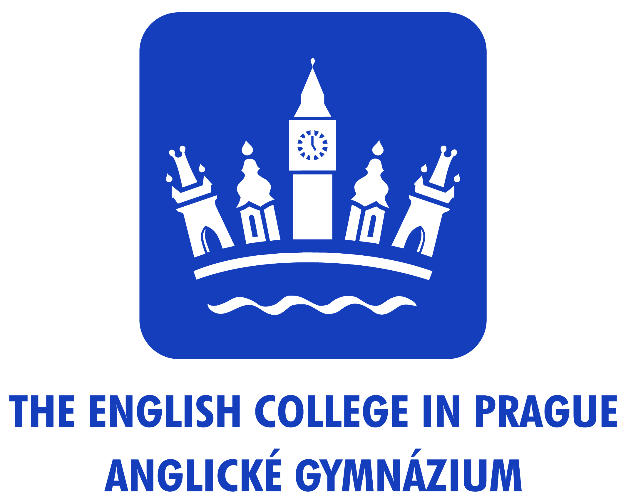 KI generiert: Das Bild zeigt das Logo des "The English College in Prague" mit stilisierten Türmen und einer Welle. Darunter steht der Name der Schule auf Englisch und Tschechisch.