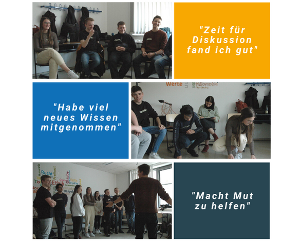 KI generiert: Das Bild zeigt fünf Personen, die in einem Raum mit großen Fenstern und Gardinen auf Stühlen sitzen und sich unterhalten. Der Hauptinhalt des Bildes ist eine gesellige Runde, die sich in entspannter Atmosphäre austauscht.