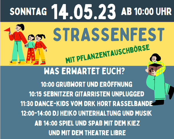 KI generiert: Das Bild zeigt eine Illustration von drei Personen, die auf einem gelben Hintergrund stehen, und den Text "STRASSENFEST MIT PFLANZENTAUSCHBÖRSE". Der Hauptinhalt des Bildes ist die Ankündigung eines Straßenfestes, bei dem eine Pflanzentauschbörse stattfindet.