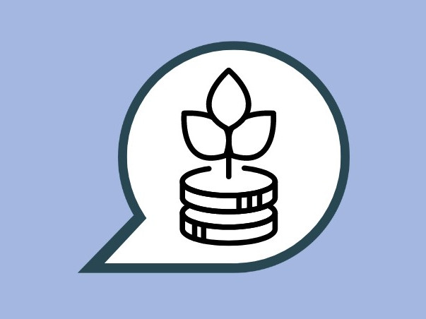 KI generiert: Das Bild zeigt ein Symbol in einem Sprechblasenrahmen, das aus einem Stapel Münzen besteht, auf dem ein keimender Pflanzenspross wächst. Der Hauptinhalt des Bildes ist die Darstellung von finanzieller Investition und Wachstum.