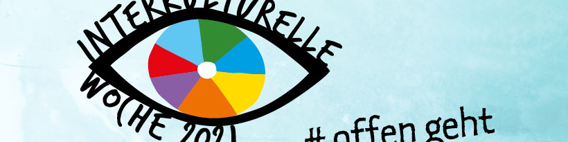 KI generiert: Das Bild zeigt ein stilisiertes Auge mit einer bunten Iris, die wie ein Farbkreis in den Regenbogenfarben gestaltet ist. Über dem Auge steht "INTERKULTURELLE WOCHE 2021" und darunter der Hashtag "#offen geht".