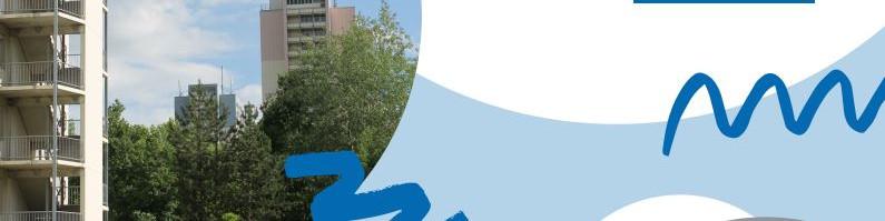 KI generiert: Das Bild zeigt eine Stadtlandschaft mit einem hohen Wohngebäude auf der linken Seite, umgeben von Bäumen und anderen Gebäuden im Hintergrund. Im Vordergrund dominieren abstrakte blaue Pinselstriche und Formen.