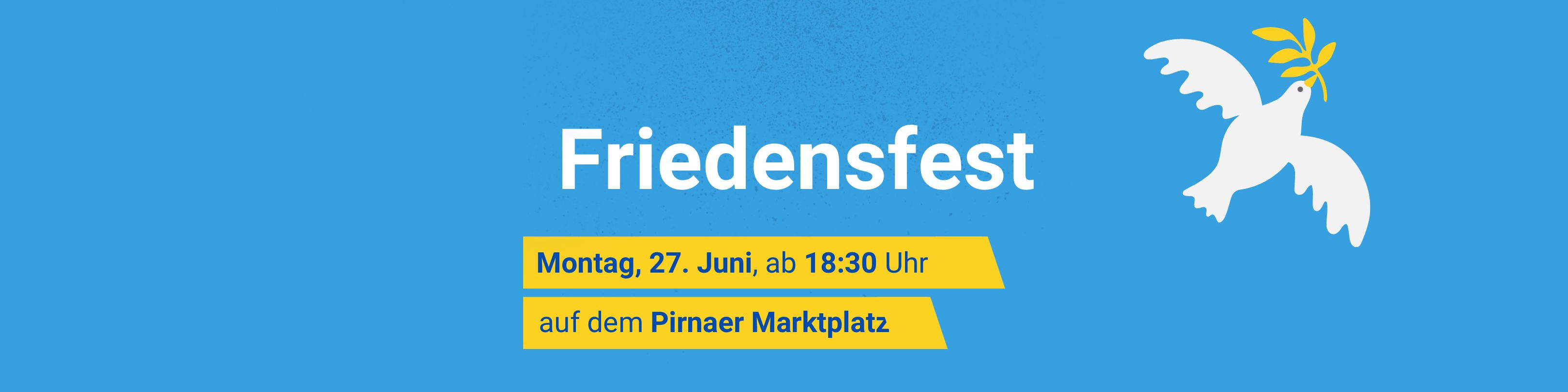 KI generiert: Das Bild zeigt eine Ankündigung für ein Friedensfest, das am Montag, den 27. Juni, ab 18:30 Uhr auf dem Pirnaer Marktplatz stattfindet. Im Bild ist auch eine weiße Taube mit einem gelben Zweig im Schnabel zu sehen, die als Symbol für Frieden steht.