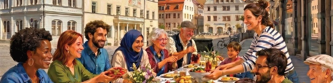KI generiert: Das Bild zeigt eine fröhliche Gruppe von Menschen verschiedenen Alters und kultureller Herkunft, die gemeinsam an einem langen Tisch im Freien essen und sich unterhalten. Im Hintergrund ist eine malerische, historische Stadtkulisse mit alten Gebäuden und Fahrrädern zu sehen.