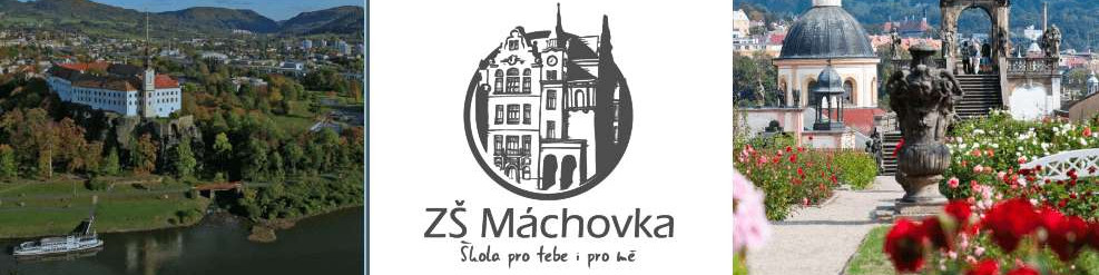 KI generiert: Das Bild zeigt eine Collage mit einer malerischen Stadtlandschaft, einem Logo der "ZŠ Máchovka" (eine Grundschule) und einem Bild eines historischen Gebäudes mit einem Garten. Der Hauptinhalt ist die Präsentation der Schule und ihrer Umgebung.