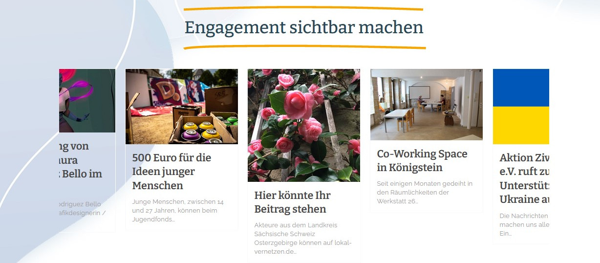 KI generiert: Das Bild zeigt eine Webseite mit dem Titel "Engagement sichtbar machen" und enthält mehrere Artikelvorschauen. Die Hauptthemen der Artikel sind Spendenaktionen, ehrenamtliches Engagement und Unterstützung für die Ukraine.