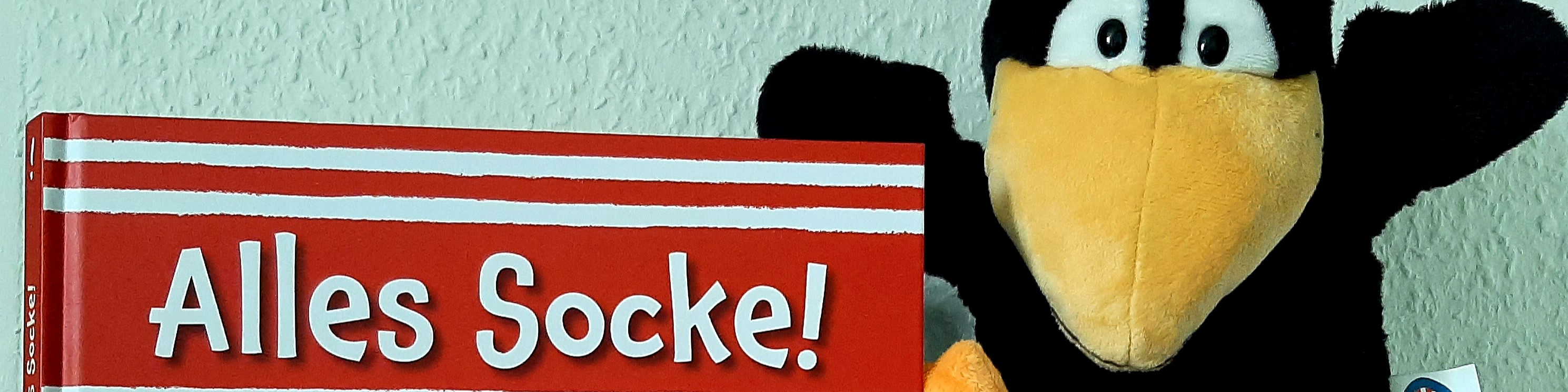 KI generiert: Das Bild zeigt ein rotes Buch mit dem Titel "Alles Socke!" und daneben eine schwarze Handpuppe mit gelbem Schnabel und großen Augen. Der Hauptinhalt des Bildes sind das Buch und die Handpuppe.