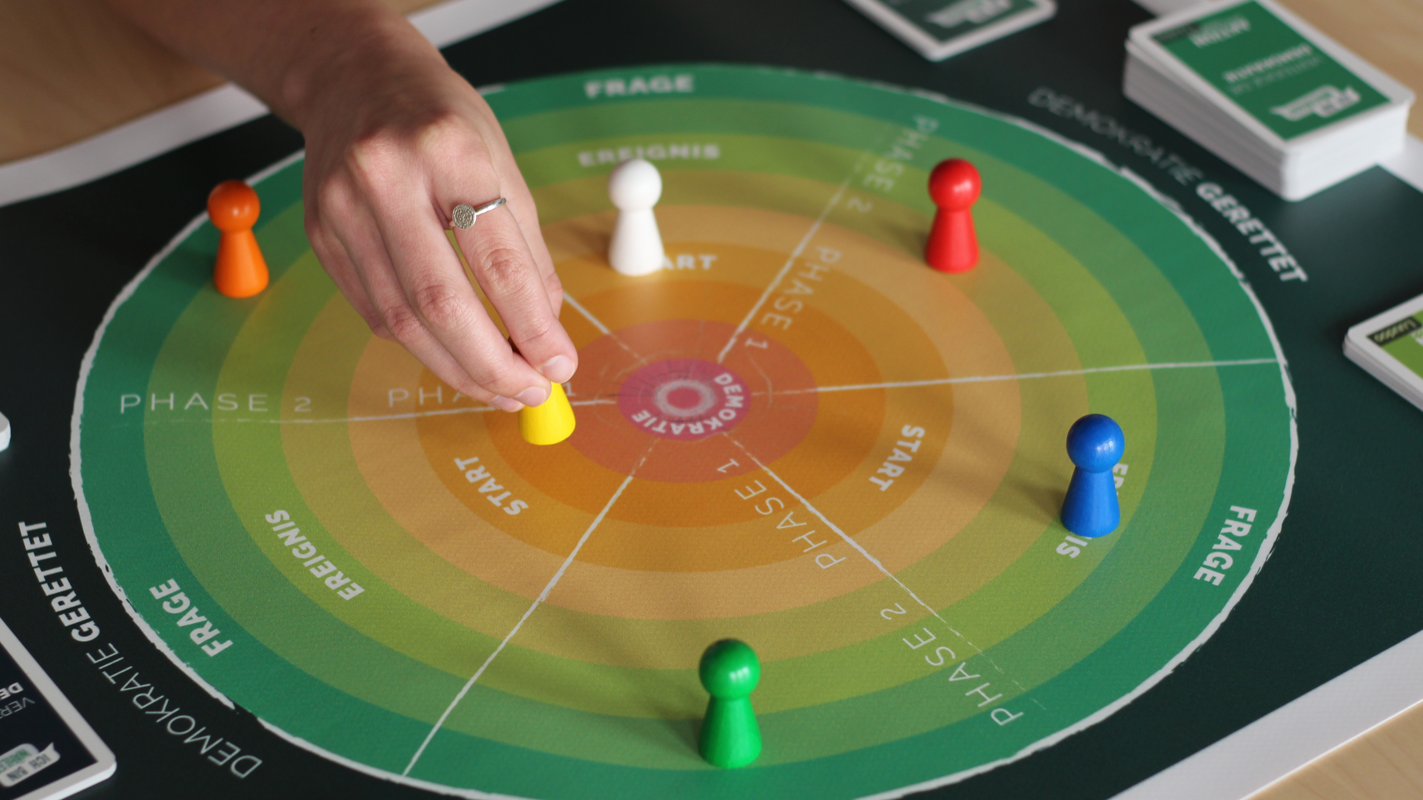 KI generiert: Das Bild zeigt eine Hand, die einen gelben Spielstein auf einem kreisförmigen Spielbrett platziert, das in verschiedene farbige Zonen unterteilt ist und die Phasen eines Prozesses darstellt. Der Hauptinhalt des Bildes ist ein Brettspiel, das möglicherweise die Demokratie oder einen ähnlichen Prozess thematisiert.