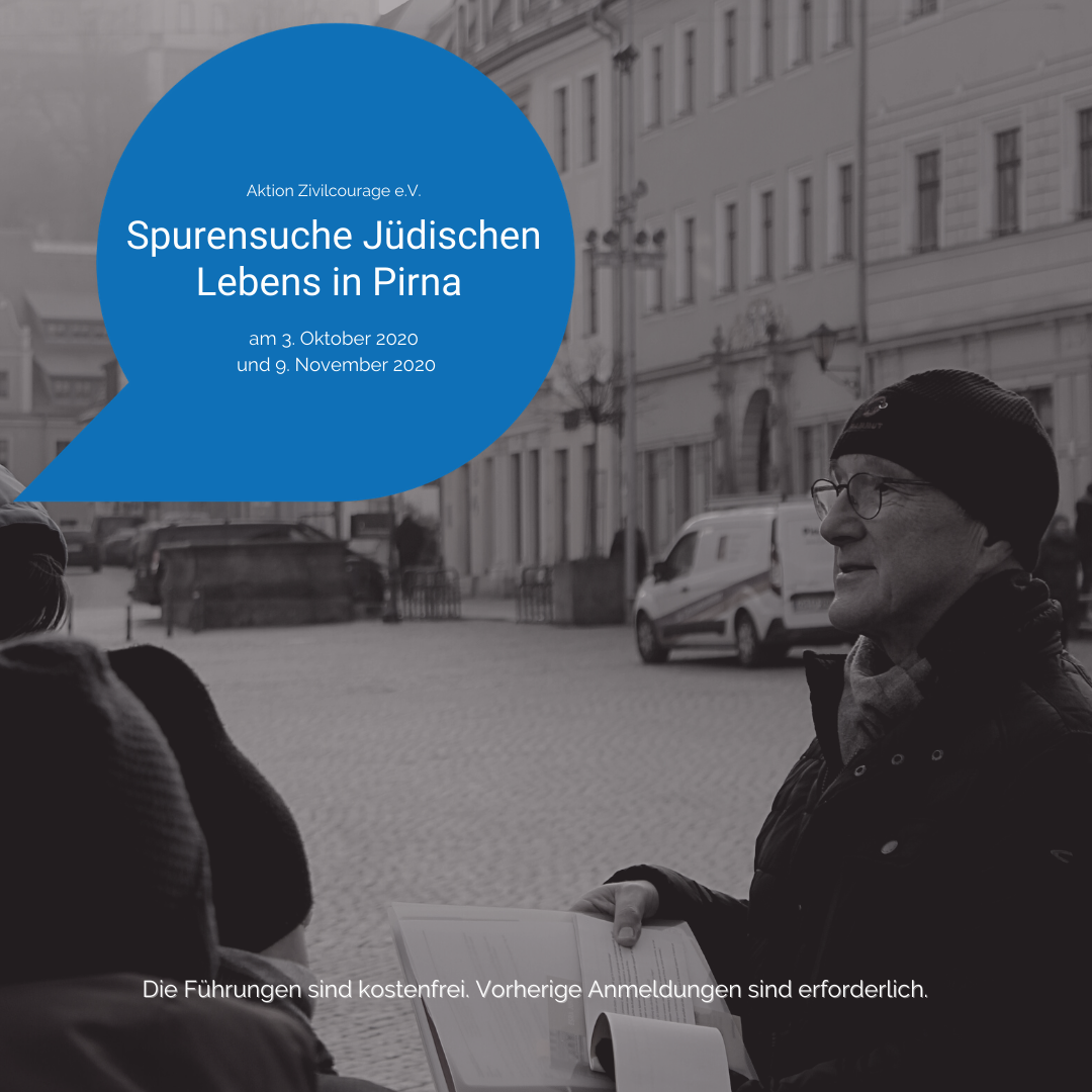 KI generiert: Das Bild zeigt eine Person, die auf einer Straße in Pirna sitzt und ein Buch oder eine Broschüre hält, während eine weitere Person ihr zuhört. Im Vordergrund ist eine blaue Sprechblase mit Informationen über die Suche nach jüdischen Lebensspuren in Pirna am 3. Oktober 2020 und 9. November 2020 zu sehen.