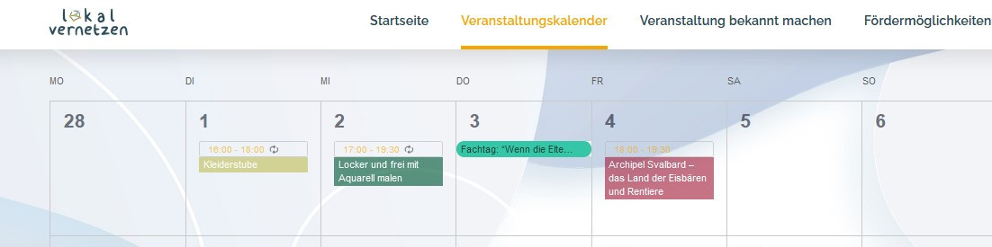 KI generiert: Das Bild zeigt einen Ausschnitt aus einem Online-Veranstaltungskalender mit verschiedenen Terminen und Aktivitäten für die Tage vom 28. bis zum 6. des Monats. Der Hauptinhalt sind die aufgelisteten Veranstaltungen wie "Kinderstube", "Locker und frei mit Aquarell malen", "Fachlag: Wenn die Ehe..." und "Archipel Svalbard – das Land der Eisbären und Rentiere".