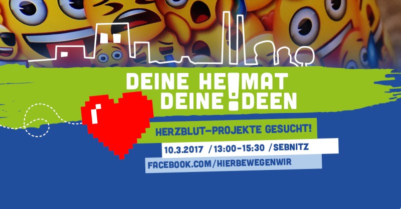KI generiert: Das Bild ist ein Werbeplakat für eine Veranstaltung am 10.3.2017 von 13:00 bis 15:30 Uhr in Sebnitz, bei der Herzblut-Projekte gesucht werden. Der Hauptinhalt des Bildes ist die Aufforderung "DEINE HEIMAT DEINE IDEEN" und die Information, dass man auf Facebook unter "facebook.com/hierbewegenwir" mehr erfahren kann.