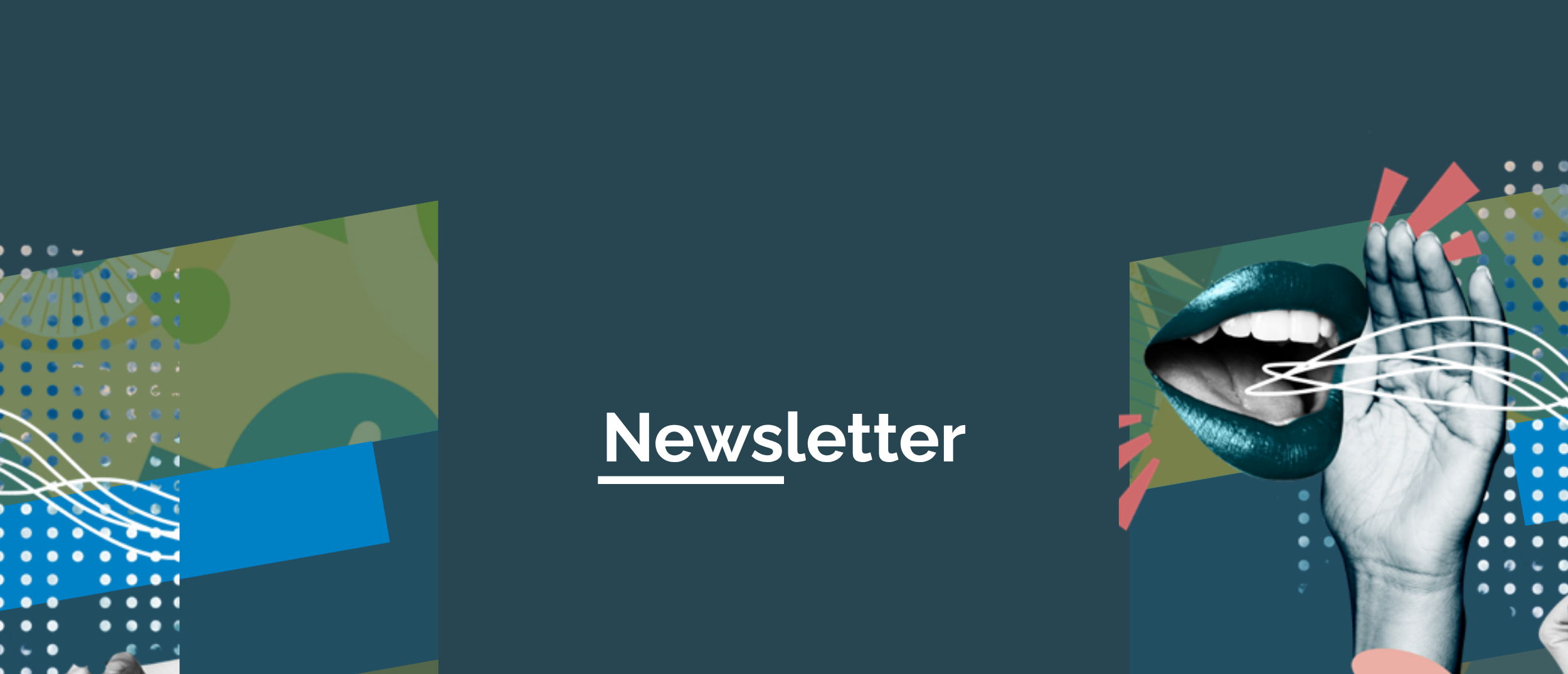 KI generiert: Das Bild zeigt eine grafische Darstellung mit dem Wort "Newsletter" in der Mitte. Es enthält abstrakte Elemente wie eine Hand, die einen Mund hält, sowie geometrische Formen und bunte Muster auf einem dunklen Hintergrund.