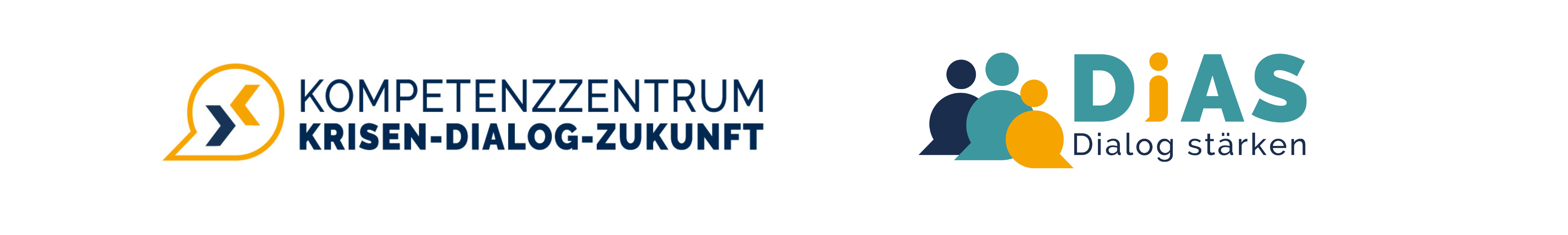 KI generiert: Das Bild zeigt zwei Logos. Links ist das Logo des "Kompetenzzentrums Krisen-Dialog-Zukunft" mit einer Sprechblase und Pfeilen, und rechts das Logo von "DiAS Dialog stärken" mit stilisierten Figuren.