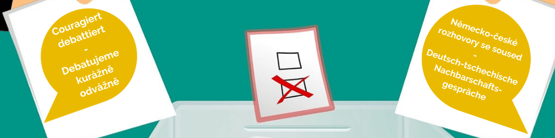 KI generiert: Das Bild zeigt eine Wahlurne mit einem durchgestrichenen Wahlzettel, was auf eine Wahl oder Abstimmung hinweist. Im Hintergrund sind zwei Sprechblasen mit Texten in verschiedenen Sprachen (Französisch und Tschechisch/Deutsch), die zum Debattieren und Nachdenken über Europa auffordern.
