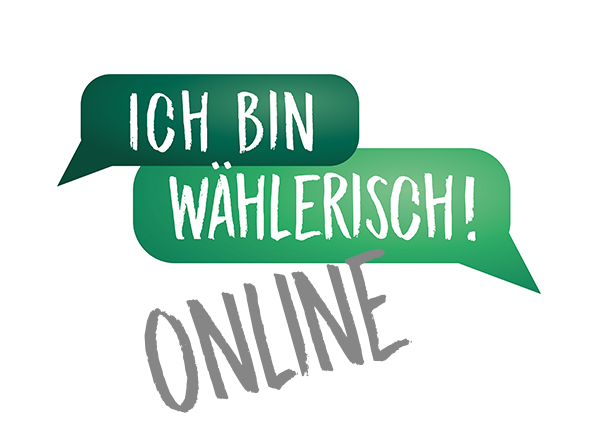 KI generiert: Das Bild zeigt zwei grüne Sprechblasen mit dem Text "ICH BIN WÄHLERISCH!" und darunter das Wort "ONLINE" in grauer Schrift. Der Hauptinhalt des Bildes betont die Bedeutung von wählerischem Verhalten im Online-Kontext.