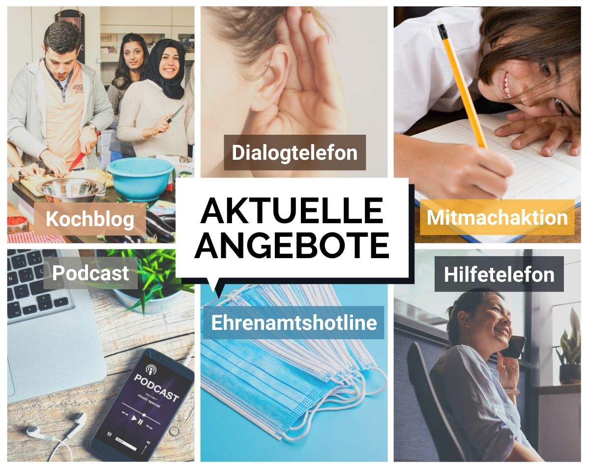 KI generiert: Das Bild zeigt eine Collage mit verschiedenen aktuellen Angeboten, darunter Dialogtelefon, Mitmachaktion, Hilfetelefon, Ehrenamtshotline, Kochblog und Podcast. Der Hauptinhalt des Bildes ist die Präsentation dieser verschiedenen Dienstleistungen und Aktivitäten.