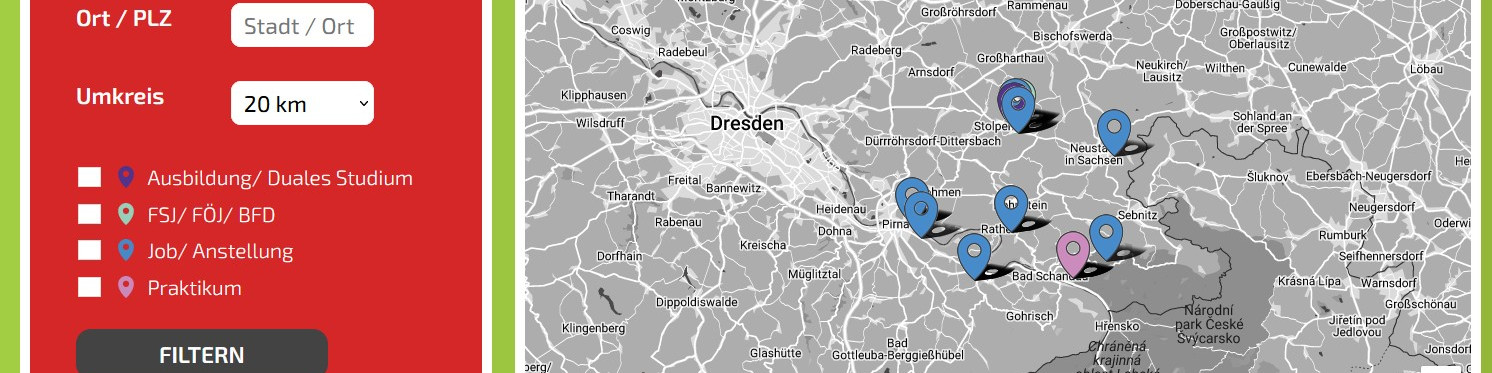 KI generiert: Das Bild zeigt eine digitale Karte der Region Dresden mit verschiedenen Markierungen, die Ausbildungsorte, duale Studiengänge, FSJ/FÖJ/BFD-Stellen, Job- und Anstellungsmöglichkeiten sowie Praktika darstellen. Die Markierungen sind farblich unterschiedlich und mit Symbolen versehen, um die verschiedenen Kategorien zu unterscheiden.