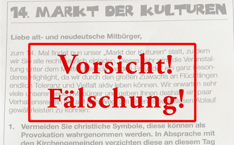 KI generiert: Das Bild zeigt einen Ausschnitt aus einem Text mit der Überschrift "14. MARKT DER KULTUREN". Über dem Text ist ein rotes Rechteck mit der Aufschrift "Vorsicht! Fälschung!" platziert.