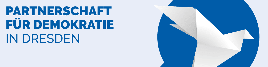 KI generiert: Das Bild zeigt das Logo der "Partnerschaft für Demokratie in Dresden" mit einem stilisierten, weißen Vogel auf blauem Hintergrund. Der Text auf der linken Seite lautet "PARTNERSCHAFT FÜR DEMOKRATIE IN DRESDEN".