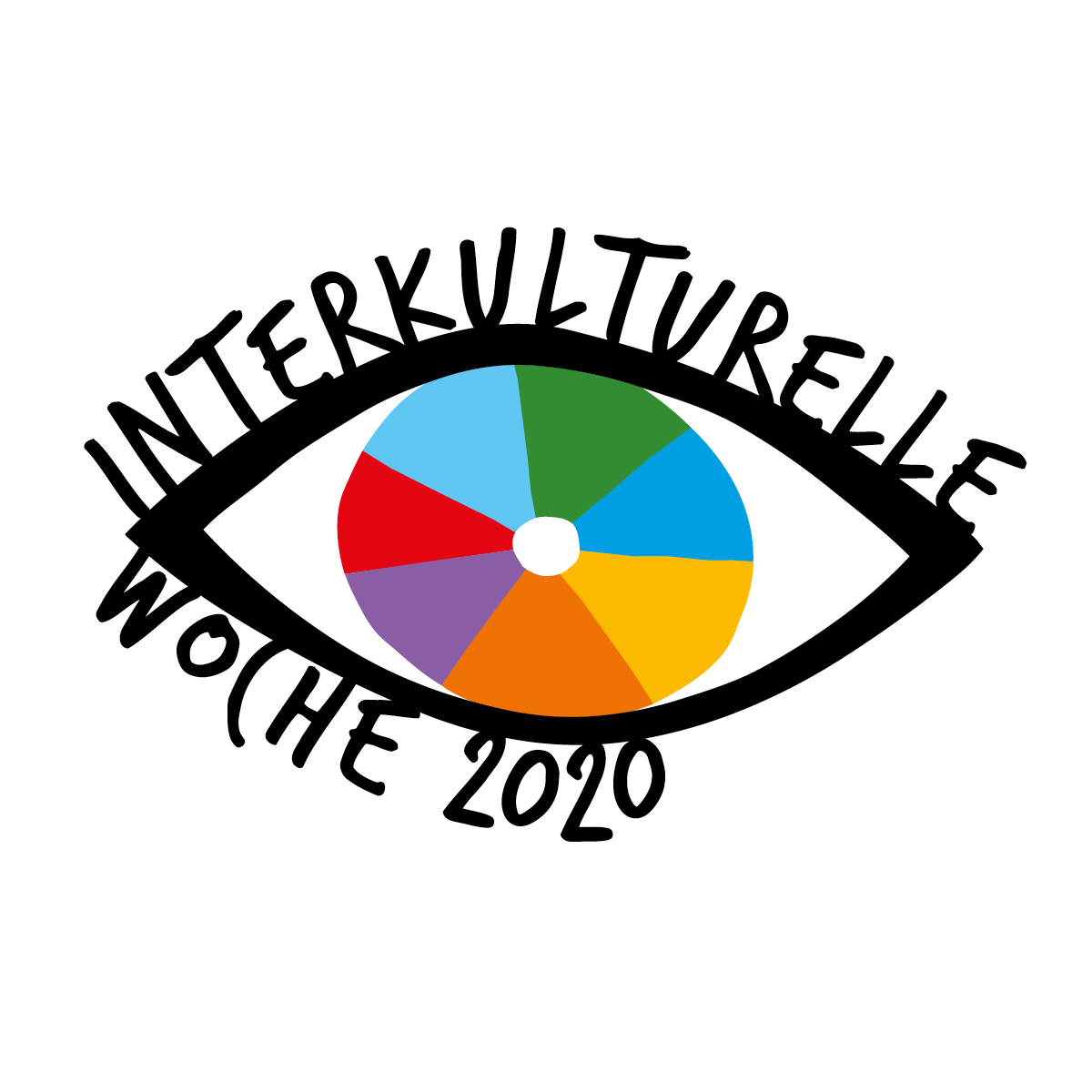 KI generiert: Das Bild zeigt ein Logo mit einem stilisierten Auge, das eine farbenfrohe Iris in verschiedenen Segmenten hat. Um das Auge herum steht der Text "INTERKULTURELLE WOCHE 2020".