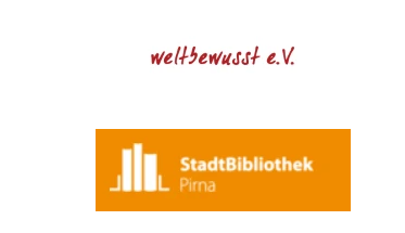 KI generiert: Das Bild zeigt das Logo der Stadtbibliothek Pirna mit dem Schriftzug "StadtBibliothek Pirna" und einem stilisierten Bücherregal-Symbol. Über dem Logo steht der Text "weltbewusst e.V." in roter Schrift.