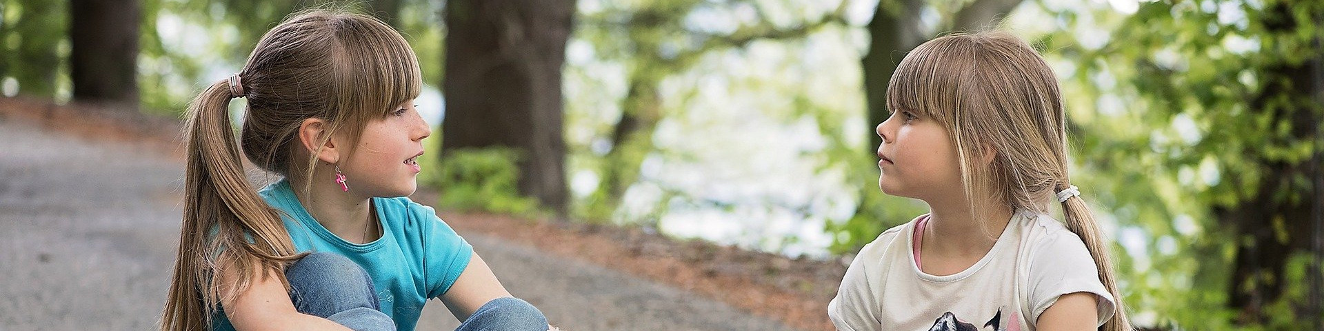 KI generiert: Das Bild zeigt zwei junge Mädchen, die sich in einer natürlichen Umgebung, möglicherweise einem Park oder Wald, gegenüber sitzen und sich unterhalten. Der Hauptinhalt des Bildes ist die Interaktion und Kommunikation zwischen den beiden Mädchen in einer ruhigen, grünen Umgebung.