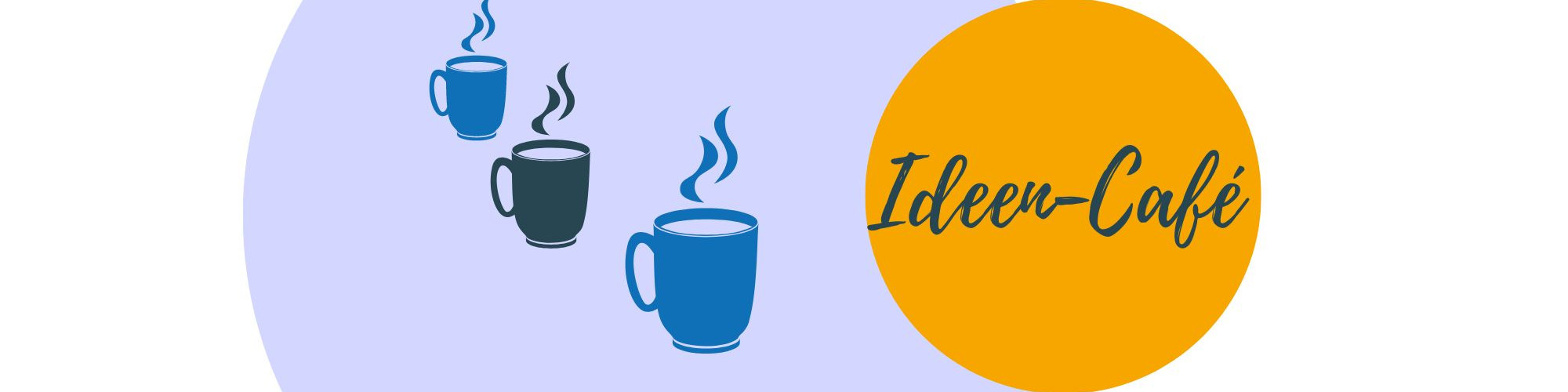 KI generiert: Das Bild zeigt drei stilisierte Kaffeetassen mit aufsteigendem Dampf auf einem hellblauen Hintergrund und einen orangefarbenen Kreis mit der Aufschrift "Ideen-Café". Der Hauptinhalt des Bildes ist die Darstellung eines kreativen oder inspirierenden Umfelds, symbolisiert durch Kaffee und Ideen.