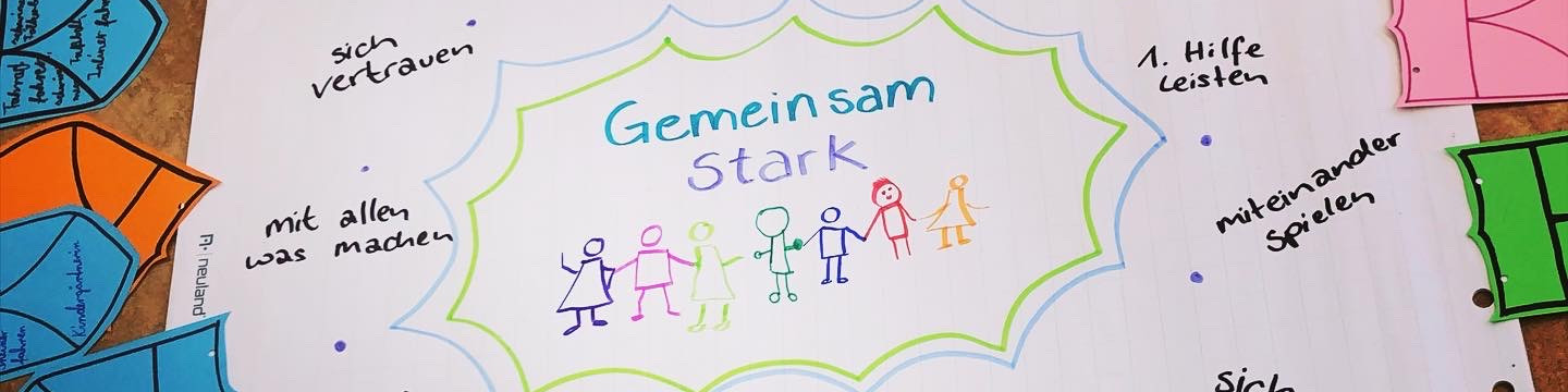 KI generiert: Das Bild zeigt eine bunte, handgezeichnete Mindmap mit dem zentralen Thema "Gemeinsam Stark". Im Mittelpunkt stehen einfache Figuren, die Hände halten, umgeben von verschiedenen Konzepten wie "sich vertrauen", "mit allen was machen" und "miteinander spielen".