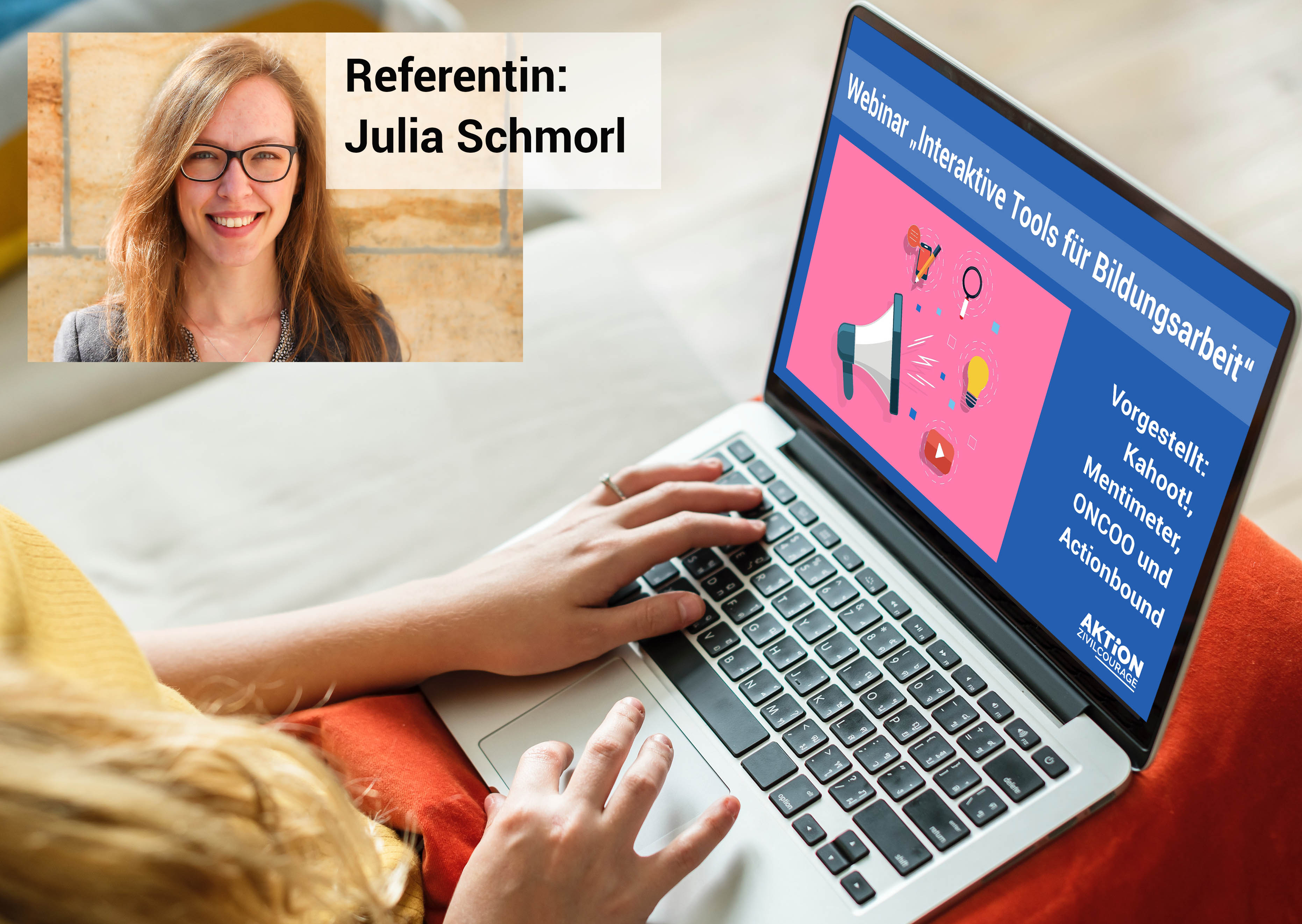 KI generiert: Das Bild zeigt eine Person, die auf einem Laptop arbeitet, während ein Webinar über "Interaktive Tools für Bildungsarbeit" auf dem Bildschirm läuft. Im Bild ist auch ein Foto von Julia Schmorl mit der Beschriftung "Referentin: Julia Schmorl" zu sehen.