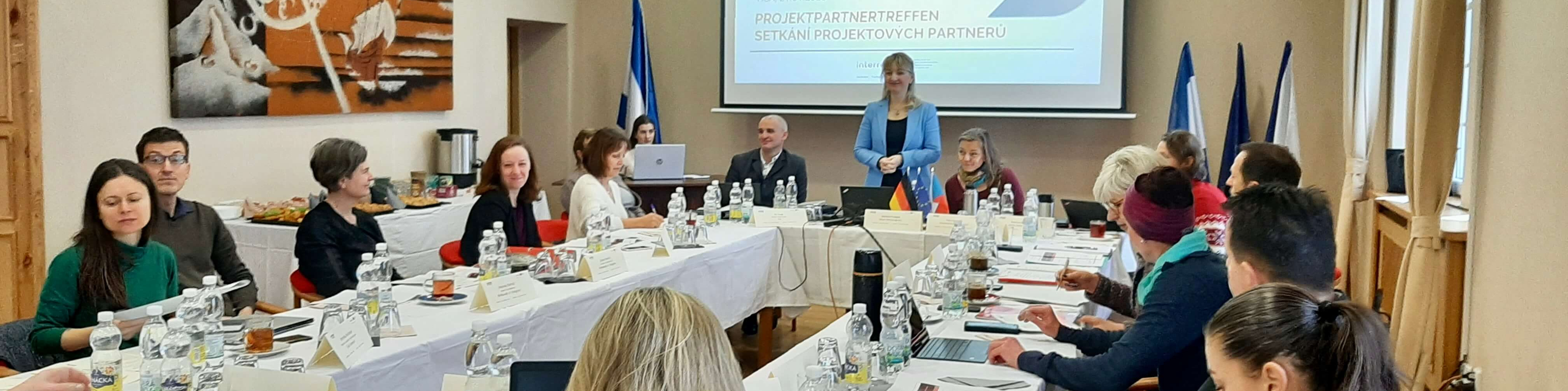 KI generiert: Das Bild zeigt eine formelle Besprechung oder Konferenz in einem gut beleuchteten Raum mit mehreren Teilnehmern, die an langen Tischen sitzen. Im Vordergrund steht eine Person, die eine Präsentation hält, während im Hintergrund eine Leinwand mit dem Titel "Projektpartnertreffen" zu sehen ist.