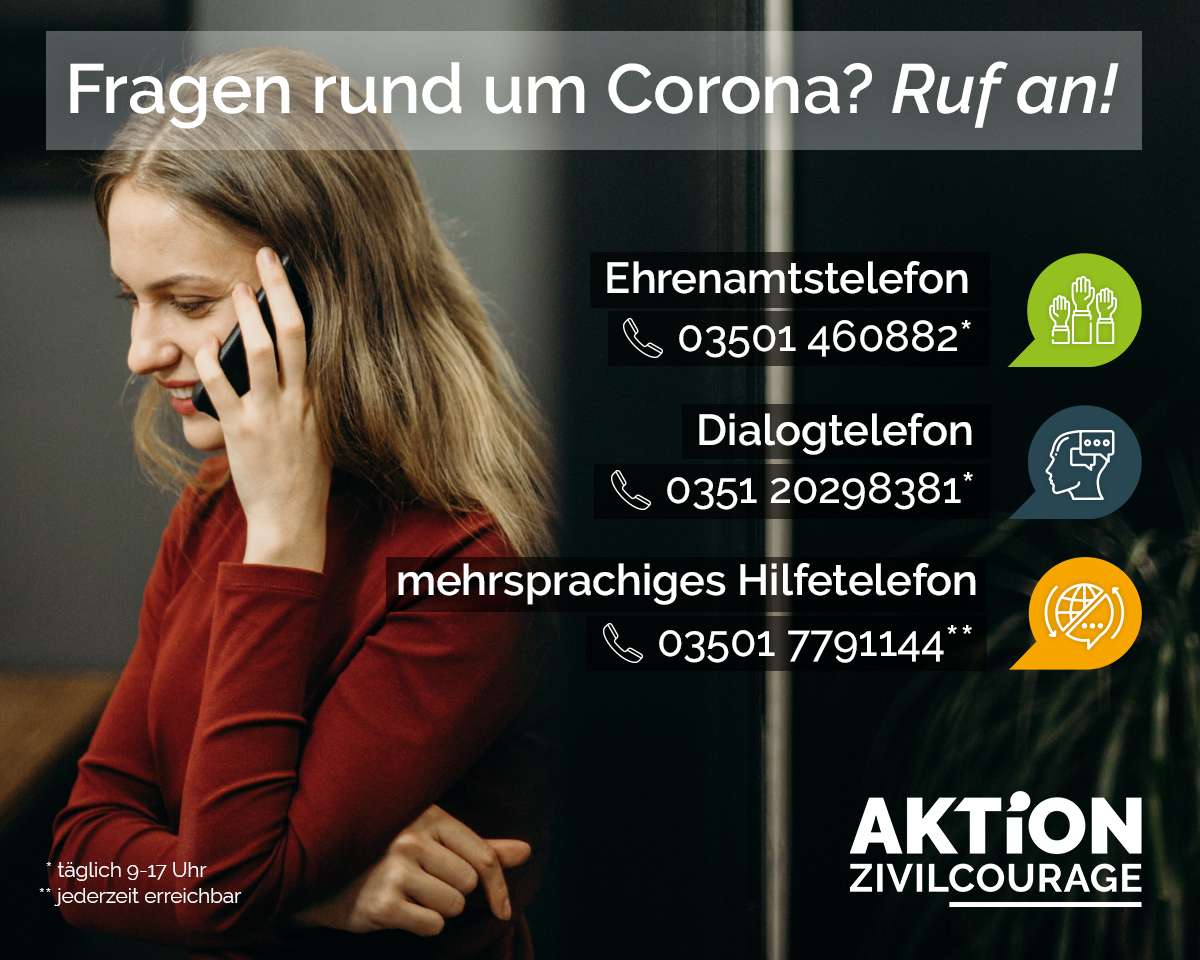 KI generiert: Das Bild zeigt eine Frau, die ein Telefonat führt, und enthält Informationen zu verschiedenen Telefonhotlines für Fragen rund um das Coronavirus. Die Hotlines umfassen ein Ehrenamtstelefon, ein Dialogtelefon und ein mehrsprachiges Hilfetelefon, die von der Aktion Zivilcourage bereitgestellt werden.