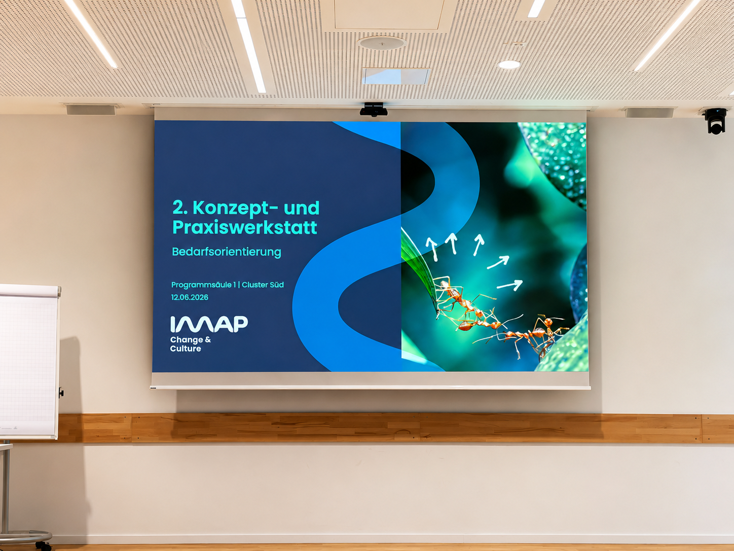 KI generiert: Das Bild zeigt eine Projektionswand in einem Besprechungsraum mit einer Präsentation von IMAP. Der Hauptinhalt der Präsentation ist der "2. Konzept- und Praxiswerkstatt Bedarfsorientierung" am 12.06.2026 im Cluster Süd, Programmmodul 1.