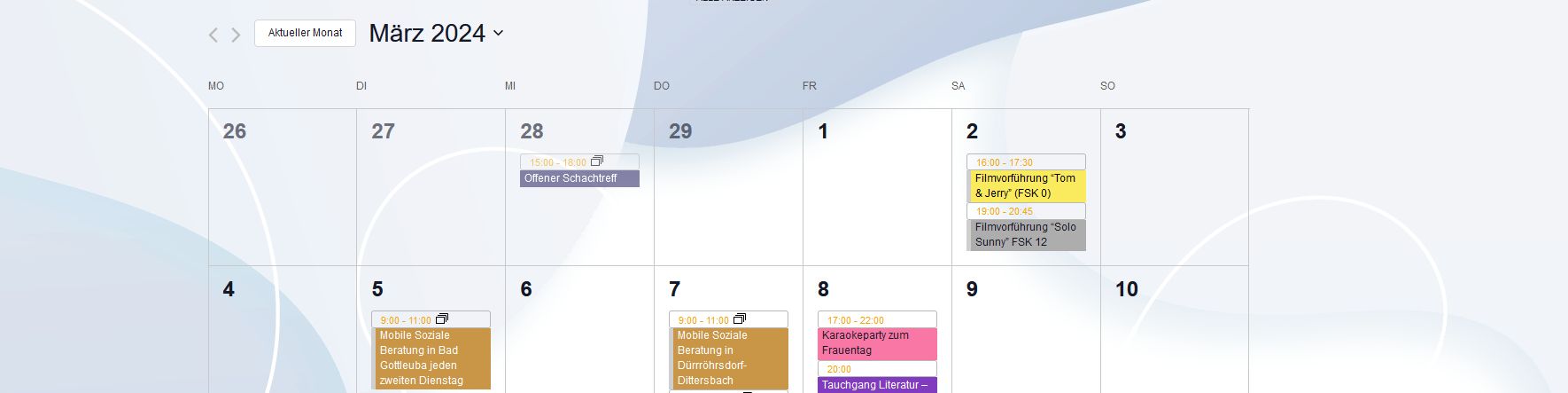 KI generiert: Das Bild zeigt einen Ausschnitt aus einem Kalender für März 2024 mit verschiedenen farblich markierten Terminen und Notizen. Der Hauptinhalt sind die geplanten Aktivitäten und Ereignisse an bestimmten Tagen, wie z.B. "Offener Schaufelstag" am 28. März und mehrere "Filmabende" am 2. März.