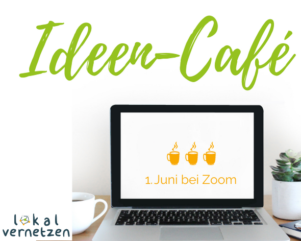 KI generiert: Das Bild zeigt einen Laptop mit einer Zoom-Einladung für ein "Ideen-Café" am 1. Juni, umgeben von einer Tasse Kaffee und einer Pflanze. Der Hauptinhalt ist die Ankündigung eines virtuellen Treffens zur Ideenfindung.
