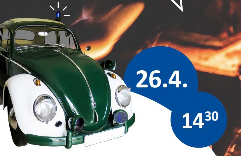 KI generiert: Das Bild zeigt einen grün-weißen VW Käfer vor einem Hintergrund mit Flammen und zwei blauen Kreisen, in denen die Daten "26.4." und "14:30" stehen. Der Hauptinhalt des Bildes ist die Ankündigung eines Events oder Termins am 26. April um 14:30 Uhr.