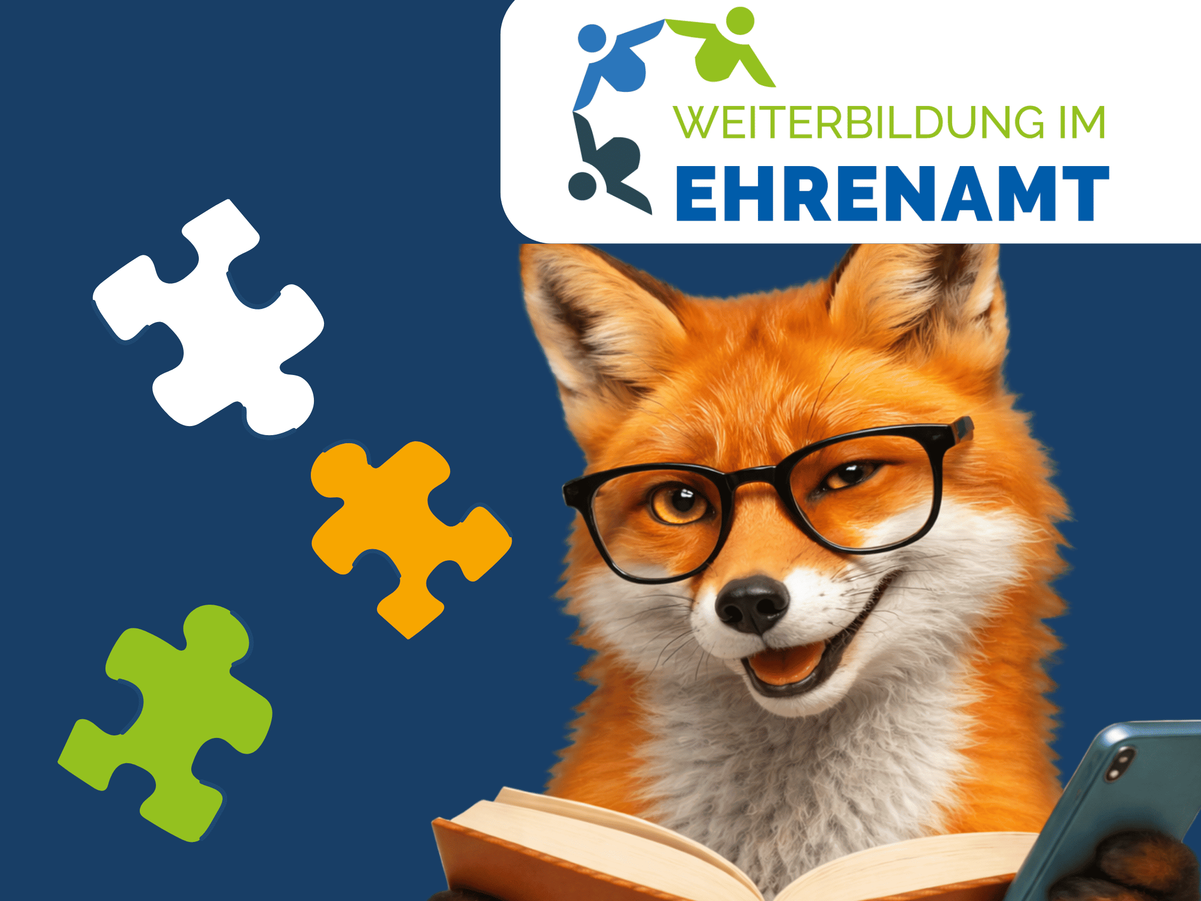 KI generiert: Das Bild zeigt einen lächelnden Fuchs mit Brille, der ein Buch liest und von bunten Puzzleteilen umgeben ist. Im Hintergrund steht der Text "WEITERBILDUNG IM EHRENAMT".