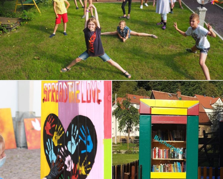 KI generiert: Das Bild zeigt eine Person mit einer Maske und Handschuhen, die eine bunte Graffiti-Wand mit Handabdrücken berührt. Der Hauptinhalt des Bildes ist die Interaktion mit der farbenfrohen Street-Art.