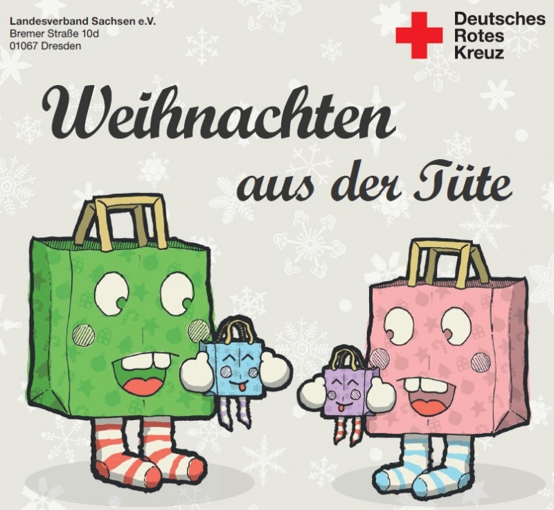 KI generiert: Das Bild zeigt drei animierte Einkaufstaschen mit Gesichtern, Beinen und Armen, die wie Figuren dargestellt sind und kleine Geschenke halten. Der Hauptinhalt ist eine Weihnachtsgrußkarte des Deutschen Roten Kreuzes, Landesverband Sachsen e.V., mit der Aufschrift "Weihnachten aus der Tüte".