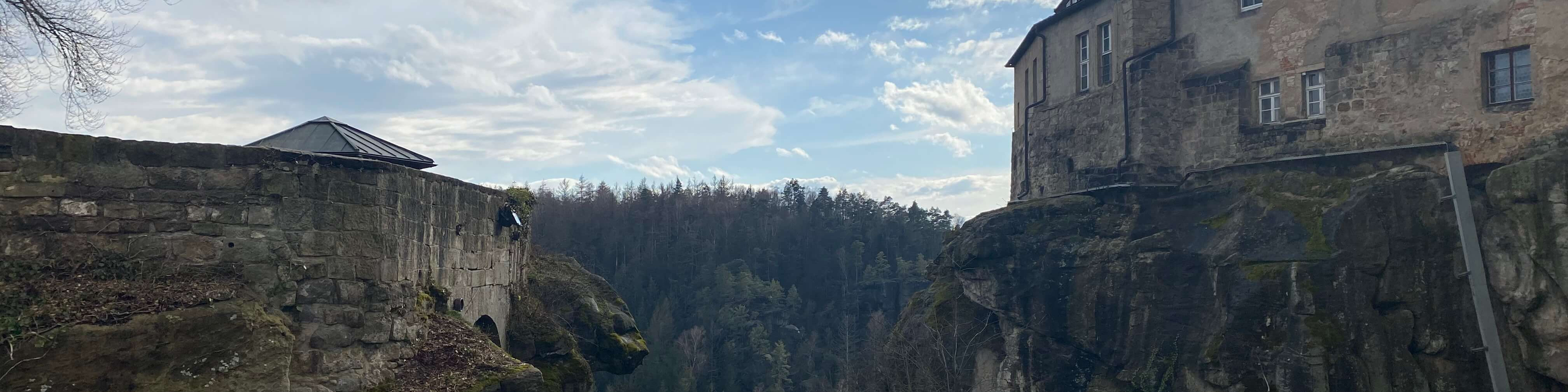 KI generiert: Das Bild zeigt eine alte Burg oder Festung, die auf einem Felsen am Rand eines tiefen Waldtals thront. Der Hauptinhalt des Bildes ist die beeindruckende Architektur der Burg und die malerische Landschaft mit dem Wald und dem Himmel im Hintergrund.